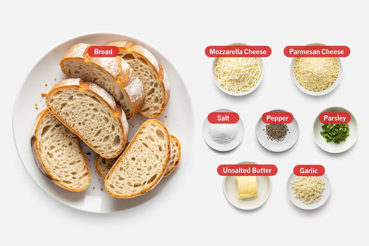 Top shot of ingredients: bread, mozzarella cheese, parmesan cheese, salt, pepper, parsley, unsalted butter, and garlic.
