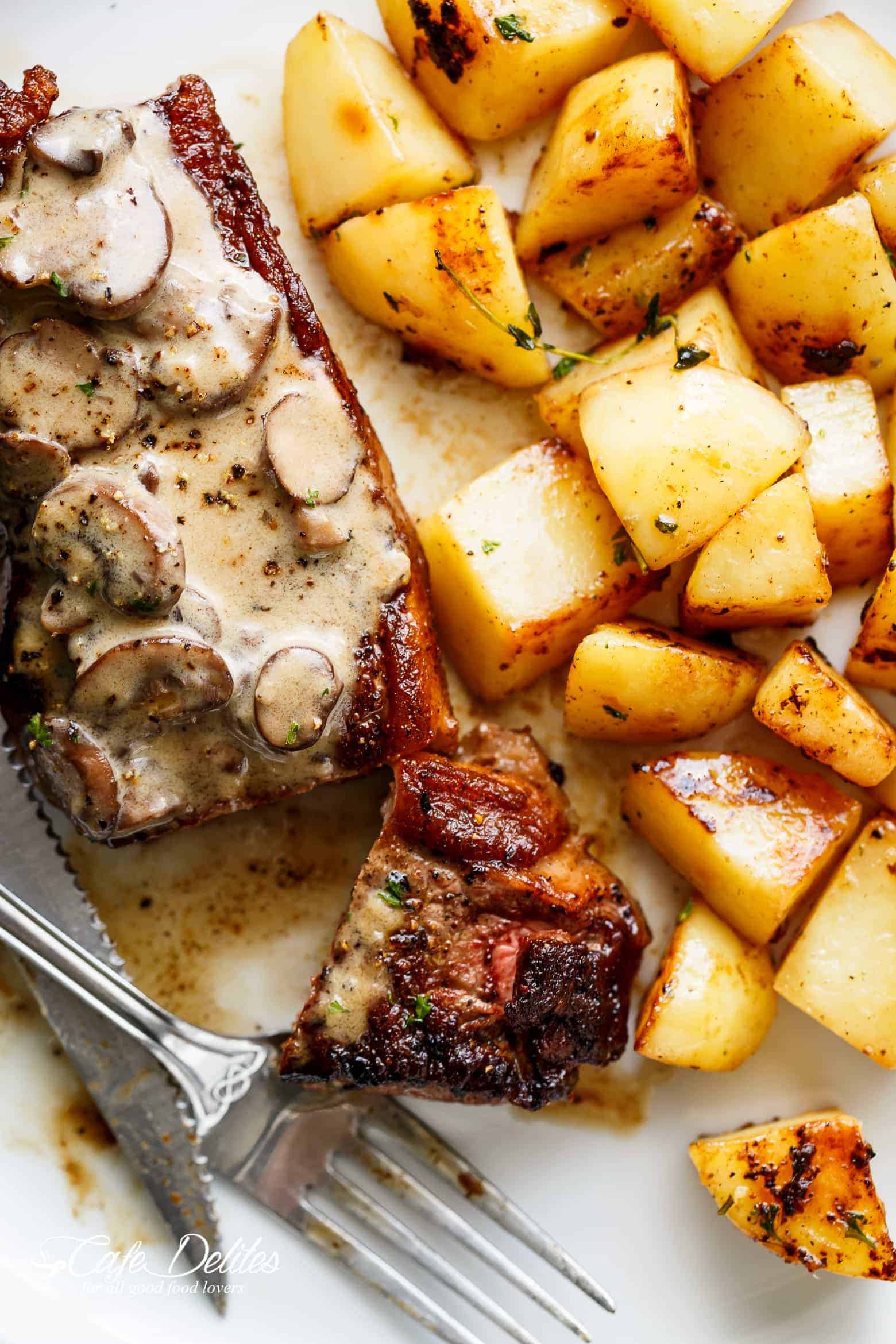 Pan Seared Garlic Butter Steak & Mushroom Cream Sauce is a perfect dinner! A little butter adds something special to your steak in less than 10 minutes! | cafedelites.com