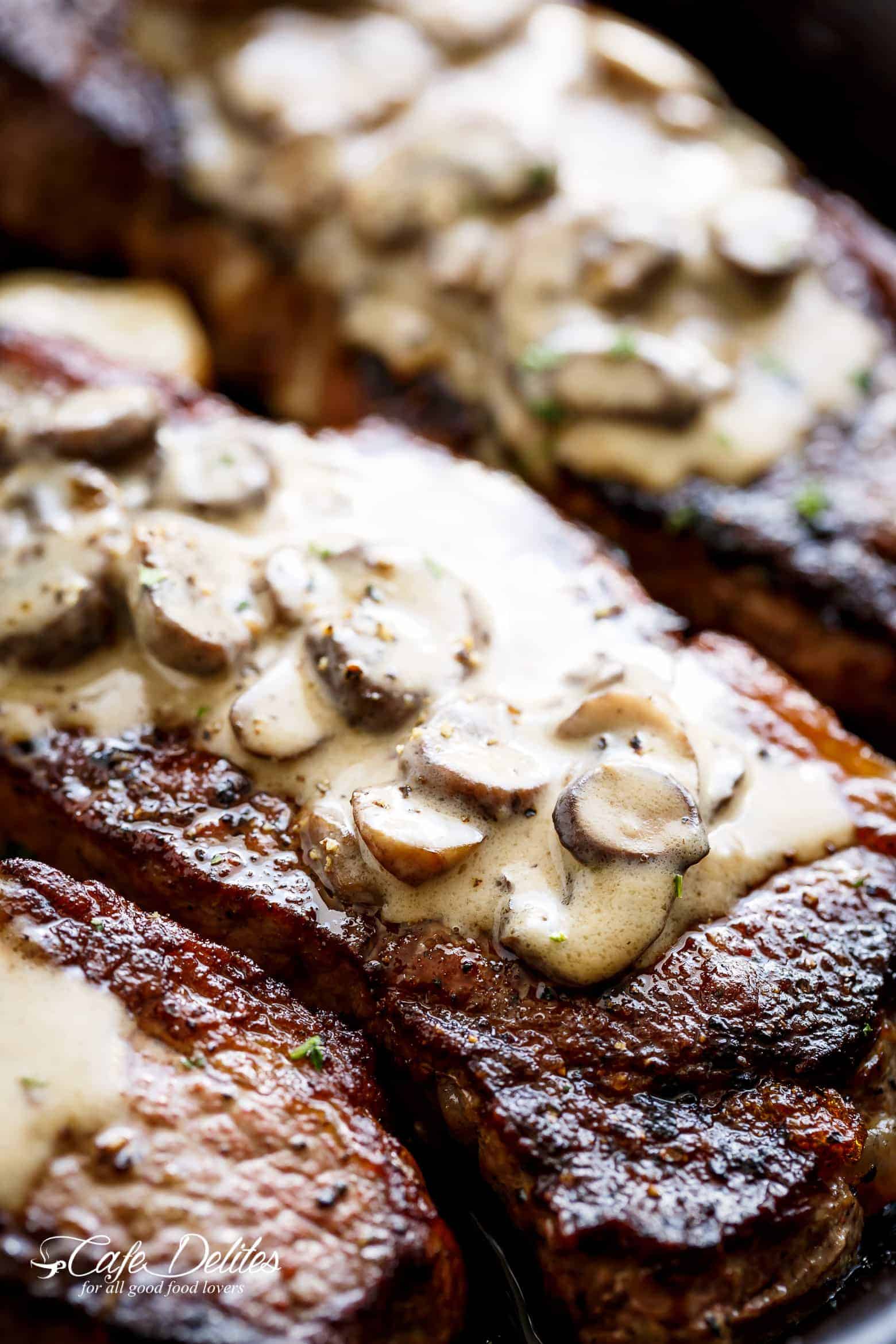 Pan Seared Garlic Butter Steak  Mushroom Cream Sauce  Cafe Delites