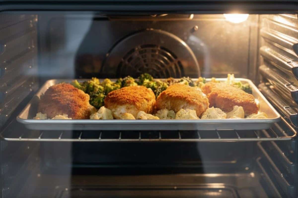 Baking the tray with chicken and veggies in the oven. - 9