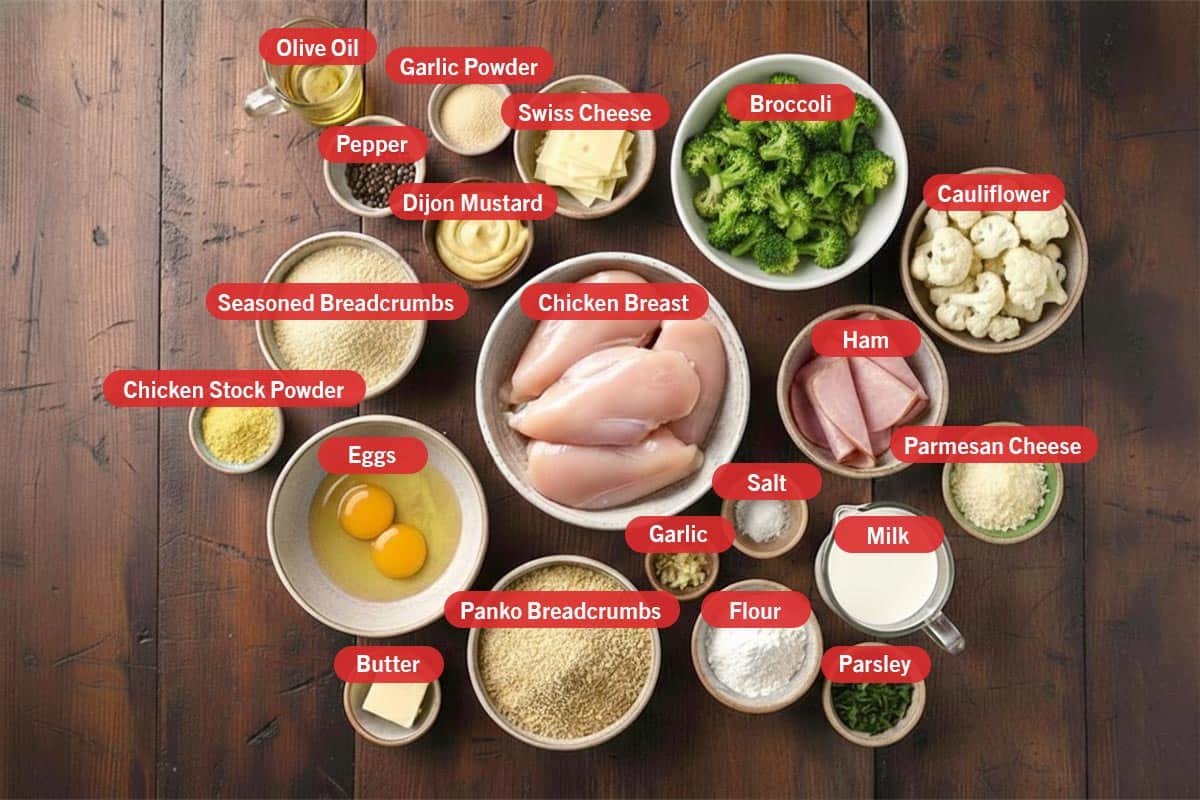 Top shot of ingredients: olive oil, garlic powder, pepper, dijon mustard, swiss cheese, broccoli, cauliflower, seasoned breadcrumbs, chicken stock powder, eggs, chicken breast, ham, garlic, salt, milk, parmesan cheese, butter, panko breadcrumbs, flour, and parsley. - 2
