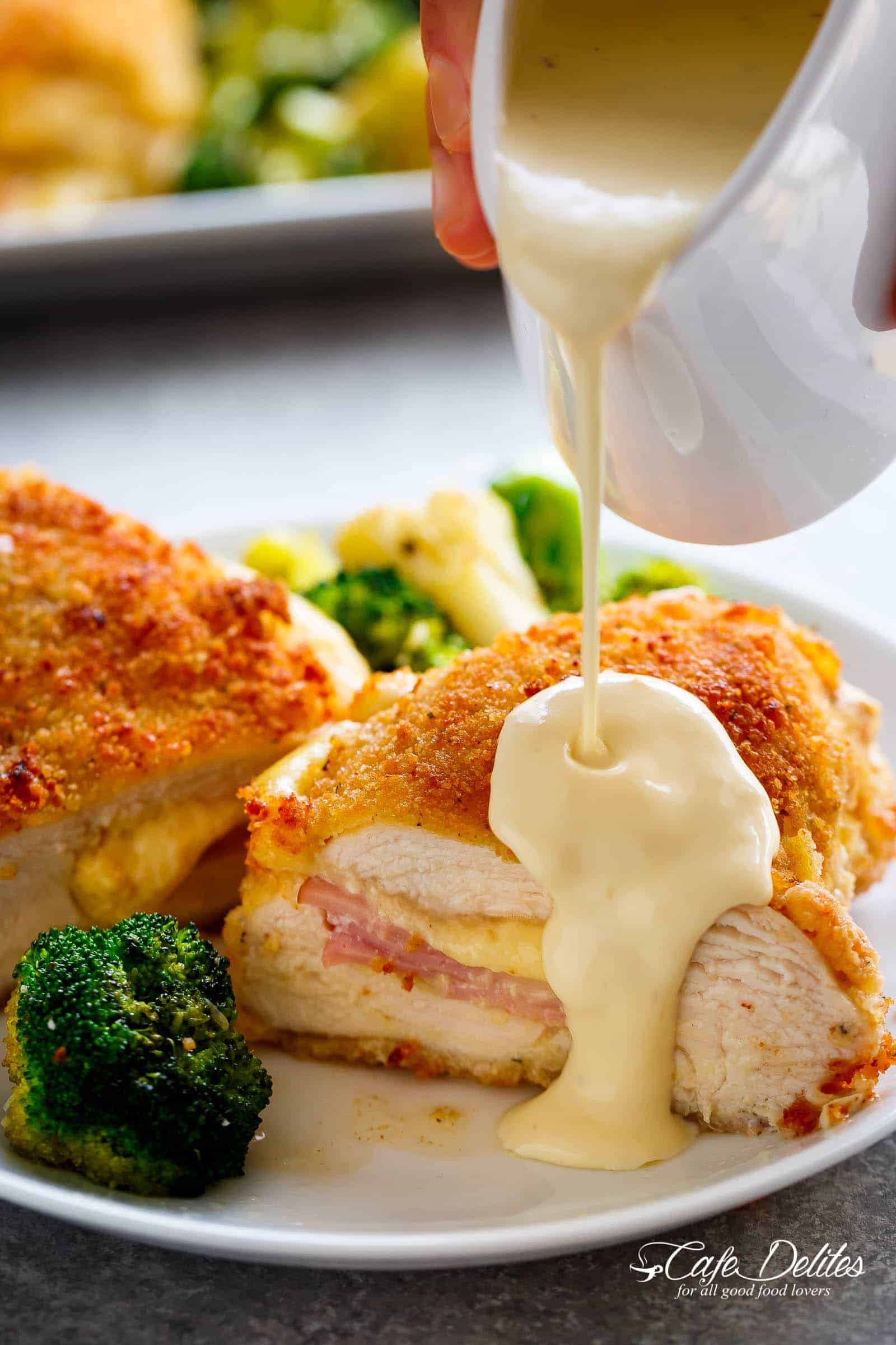 is a complete dinner for the entire family Easy Sheet Pan Chicken Cordon Bleu  Dijon Cream Sauce