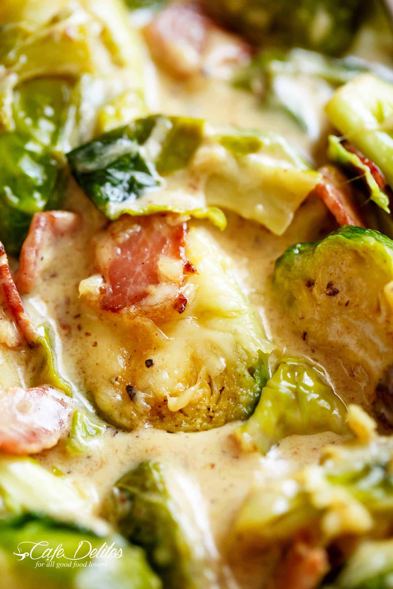 Creamy Garlic Parmesan Brussels Sprouts with Bacon - Cafe 