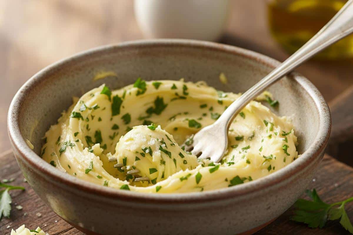 Combined softened butter, minced garlic, chopped parsley, and a pinch of salt in a small bowl.