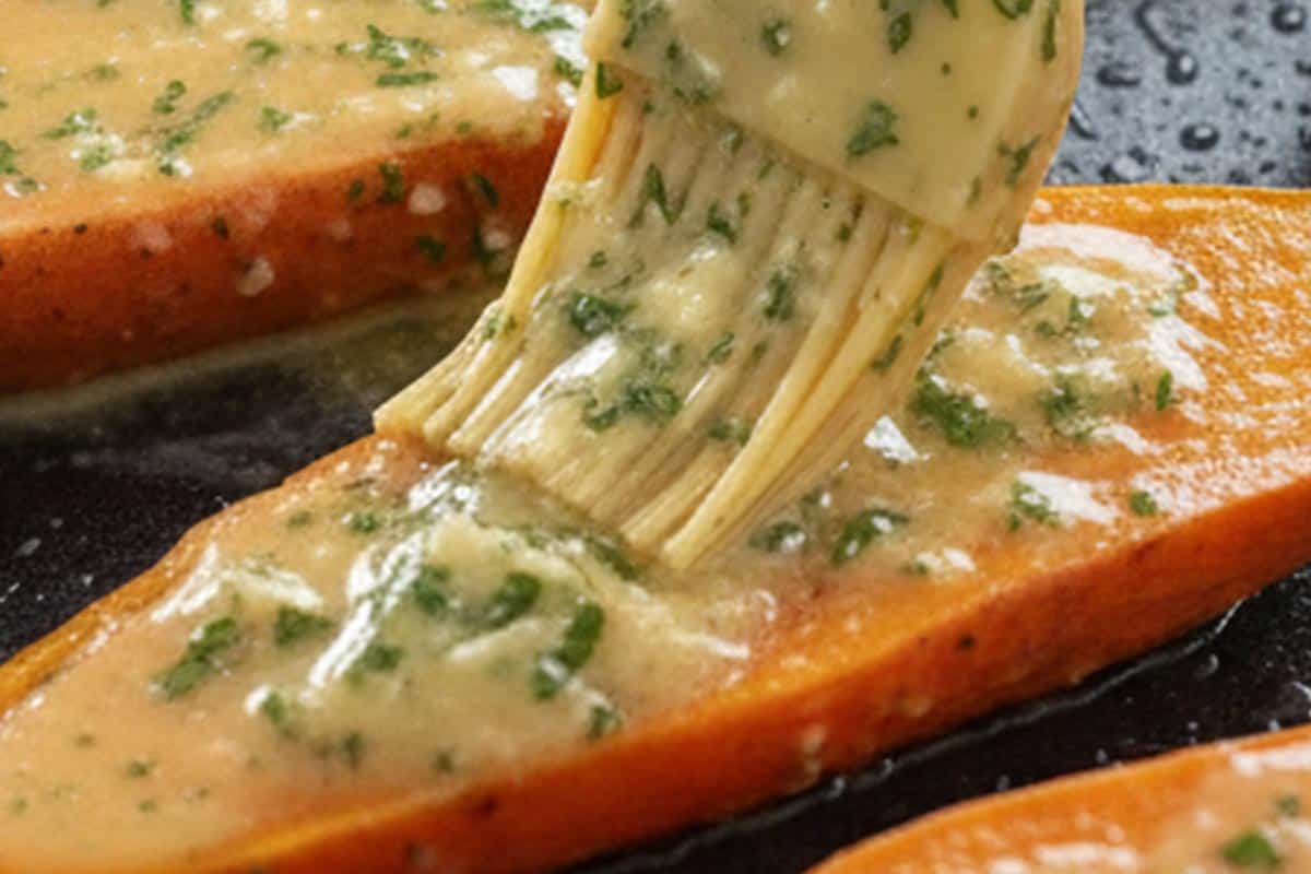 Brushing the potatoes with garlic butter.