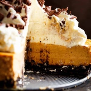 Chocolate Pumpkin Cheesecake is a fluffy, creamy pumpkin cheesecake perfect for Thanksgiving