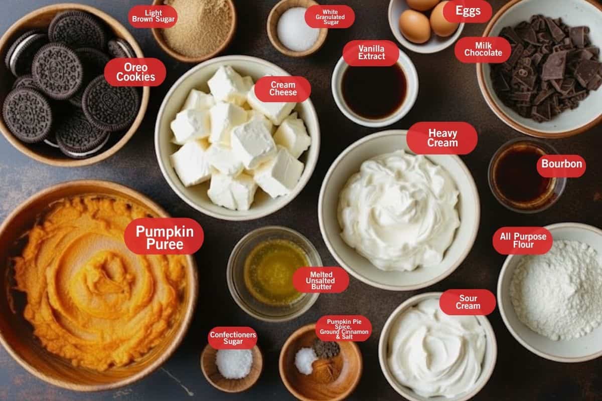 Flat lay photo of ingredient sho of Oreo cookies, light brown sugar, white granulated sugar, eggs, milk chocolate, bourbon, all purpose flour, sour cream, heavy cream, pumpkin pie spice, confectioners sugar, pumpkin puree, cream cheese, melted butter, vanilla extract ground cinnamon and salt - 2