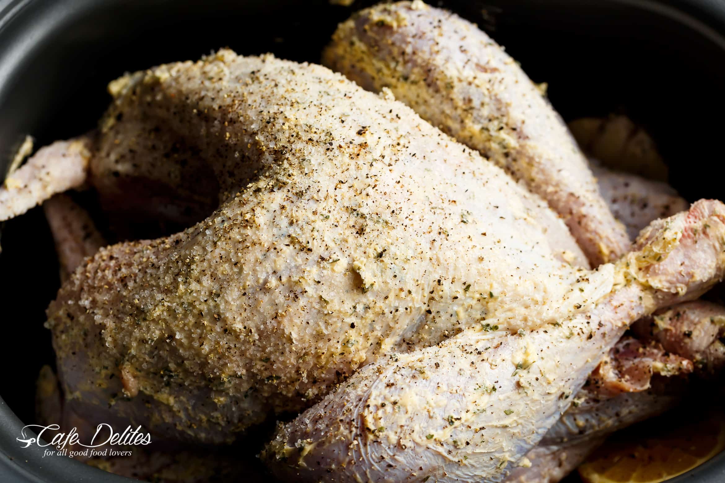 The skin-crisp slow cooker turkey is the most succulent turkey, NO brine or marinating! This turkey will make EVERYONE talk! coffee
