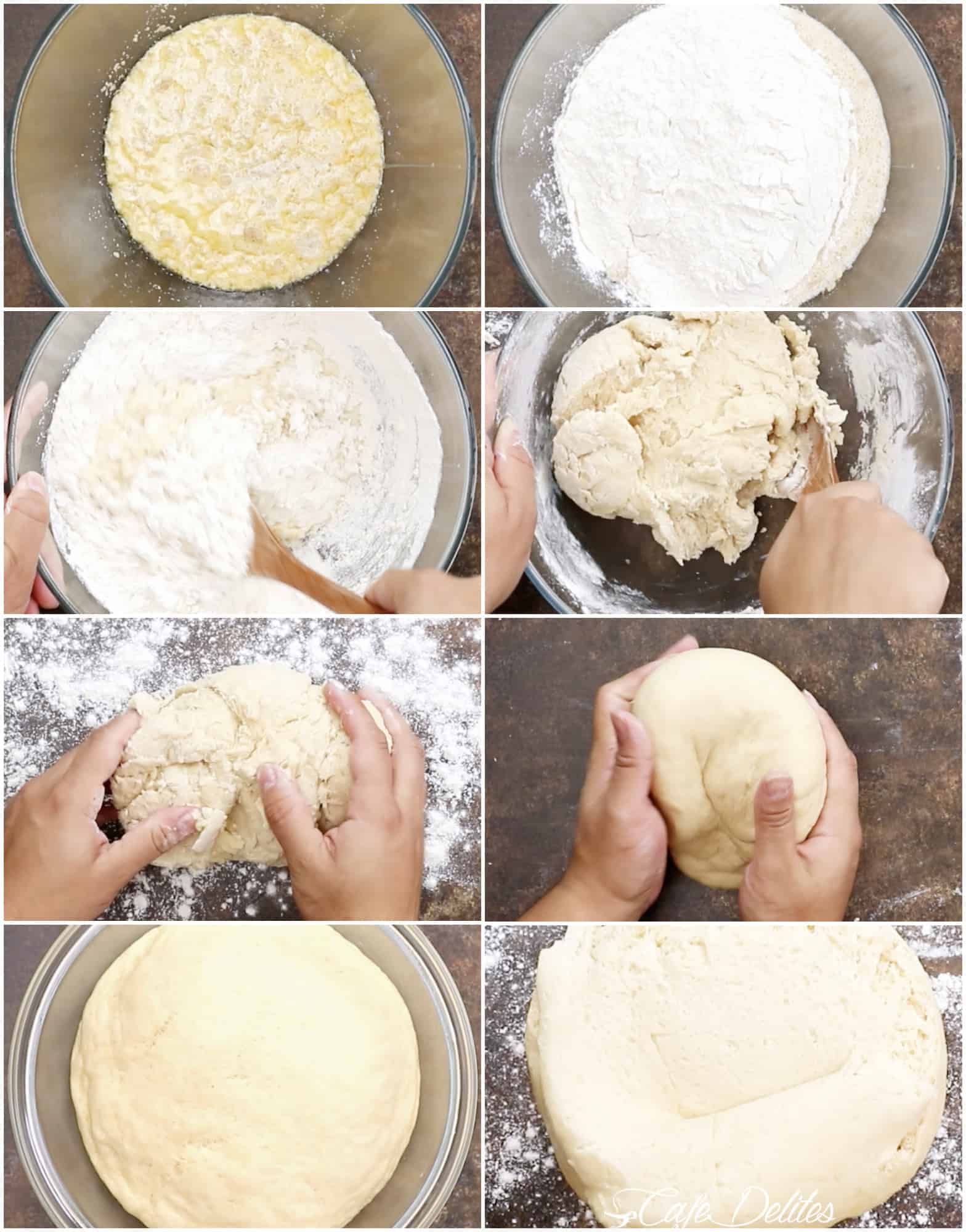 Collage of Step by Step making of soft dinner rolls: Dry and wet ingredients in separate bowls, being mixed with a wooden spoon, kneaded on a flour covered bench and rounded into a large ball. 