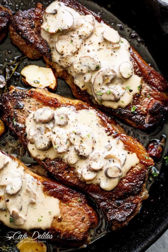 Pan Seared Garlic Butter Steak & Mushroom Cream Sauce