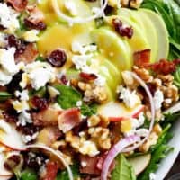 Honey Dijon Apple Bacon Cranberry Salad screams FALL! Cranberries, Spinach, Walnuts And BACON! All drizzled with the most perfect Honey Dijon Dressing! | Cafe Delites