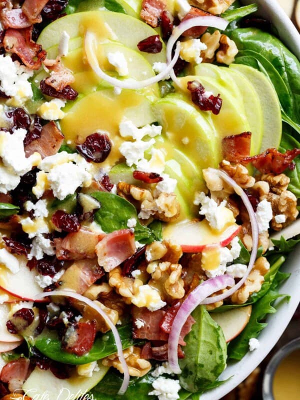 Honey Dijon Apple Bacon Cranberry Salad screams Cranberries, Spinach, Walnuts And BACON! All drizzled with the most perfect Honey Dijon Dressing!
