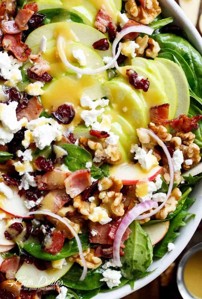 Honey Dijon Apple Bacon Cranberry Salad screams FALL! Cranberries, Spinach, Walnuts And BACON! All drizzled with the most perfect Honey Dijon Dressing! | Cafe Delites