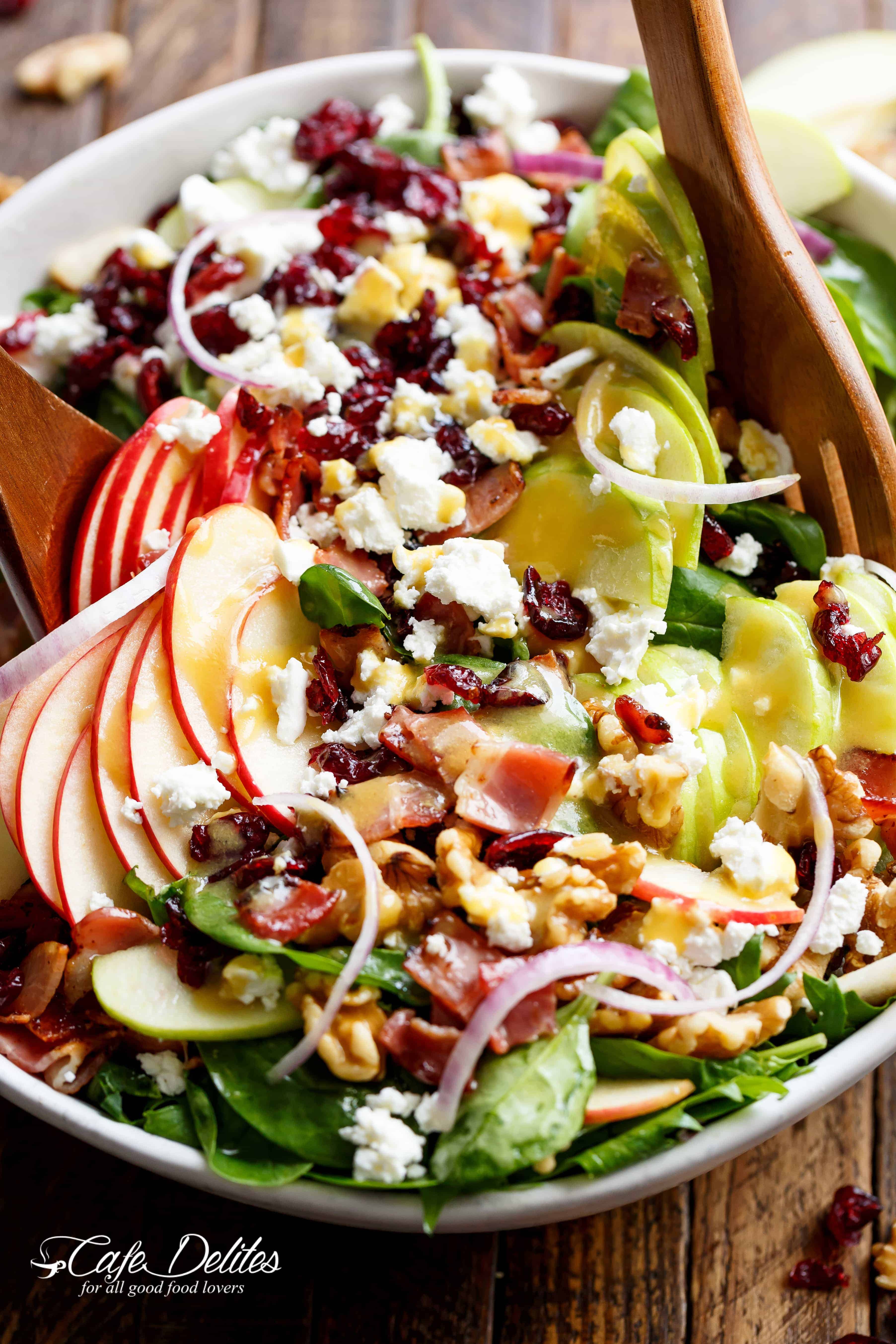 Honey Dijon Apple Bacon Cranberry Salad screams FALL! Cranberries, Spinach, Walnuts And BACON! All drizzled with the most perfect Honey Dijon Dressing! | Cafe Delites