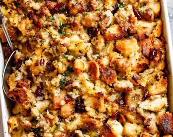 Sausage & Herb Stuffing Recipe is FULLY STUFFED with so much flavour, and perfect for serving as a Thanksgiving side with gravy!
