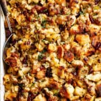 Sausage & Herb Stuffing Recipe is FULLY STUFFED with so much flavour, and perfect for serving as a Thanksgiving side with gravy!