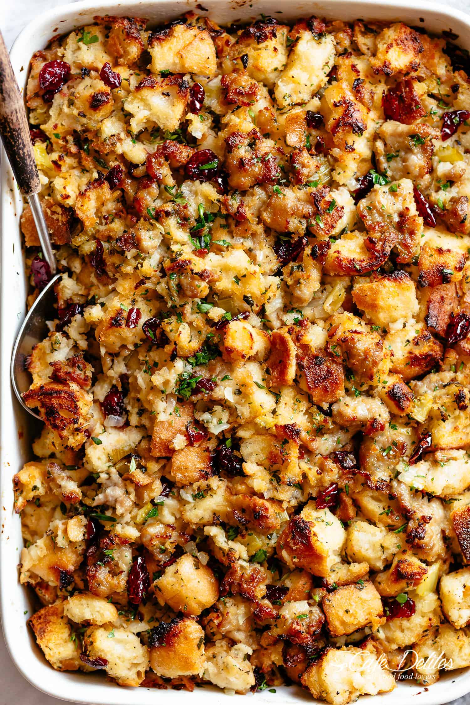 Stuffing Recipe is FULLY STUFFED with so much flavour, and perfect for serving as a Thanksgiving side with gravy! | cafedelites.com