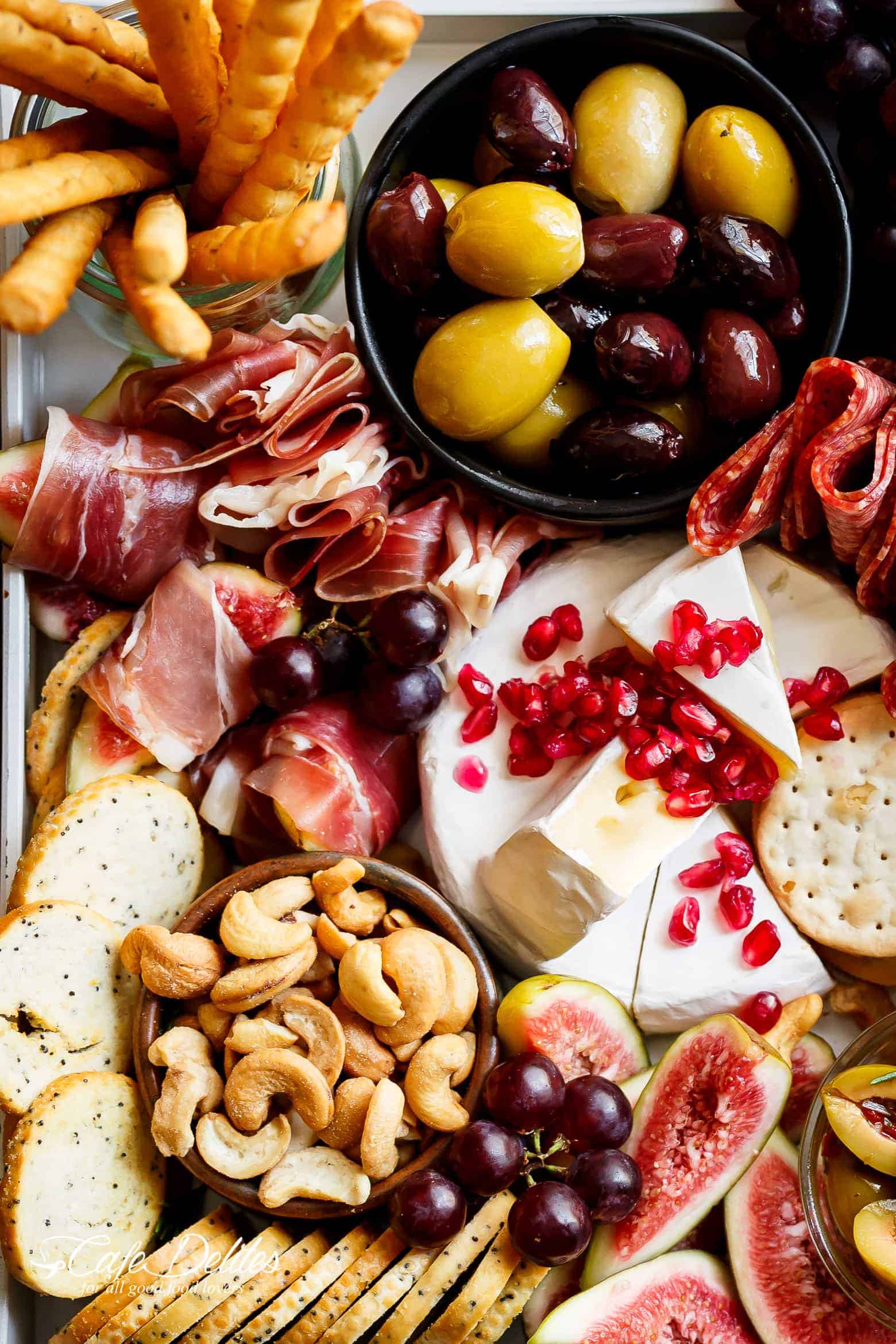 The left hand corner of a holiday cheeseboard. 