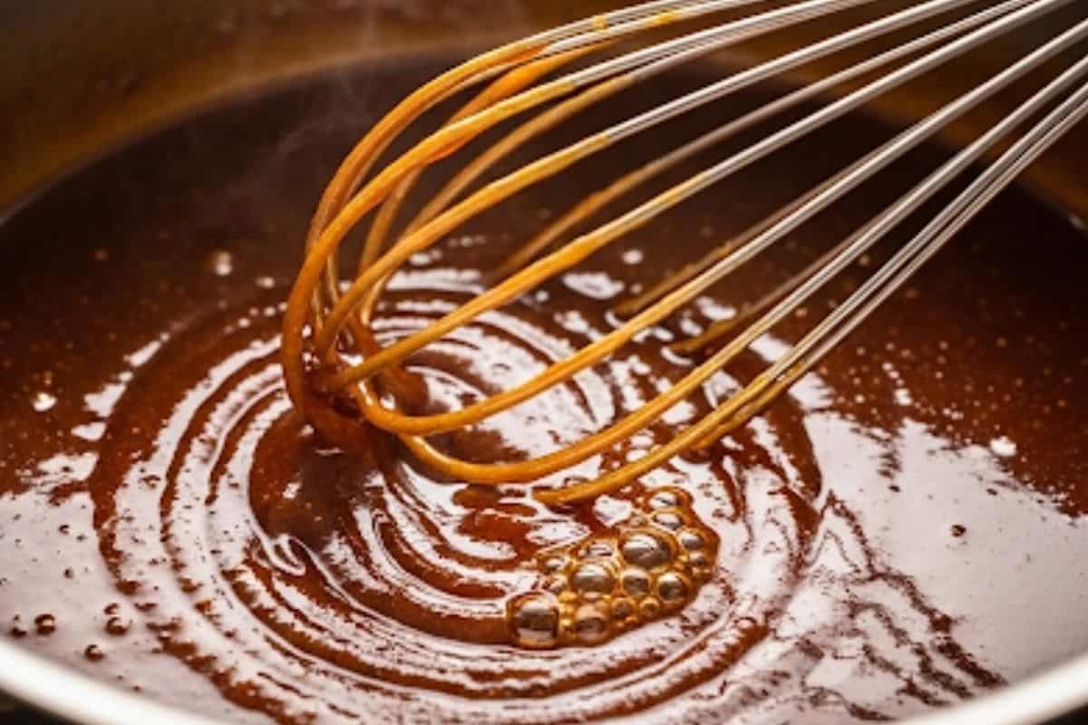 Whisk in sesame oil, garlic, soy sauce, mirin, sake, sugar, and water, then add the cornstarch slurry and simmer until thick and glossy.