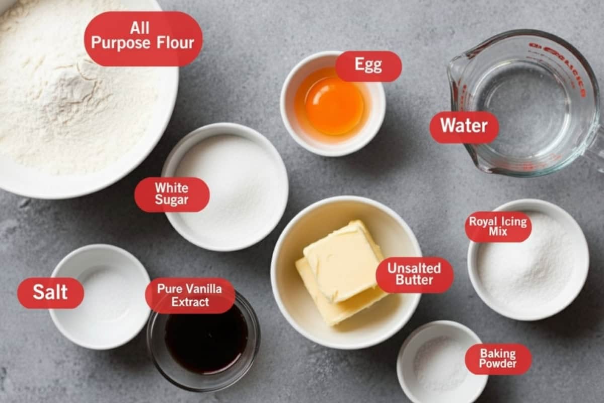 Flat lay photo of ingredient shot of all purpose flour, egg, water, royal icing mix, baking powder, pure vanilla extract, salt, white sugar, unsalted butter