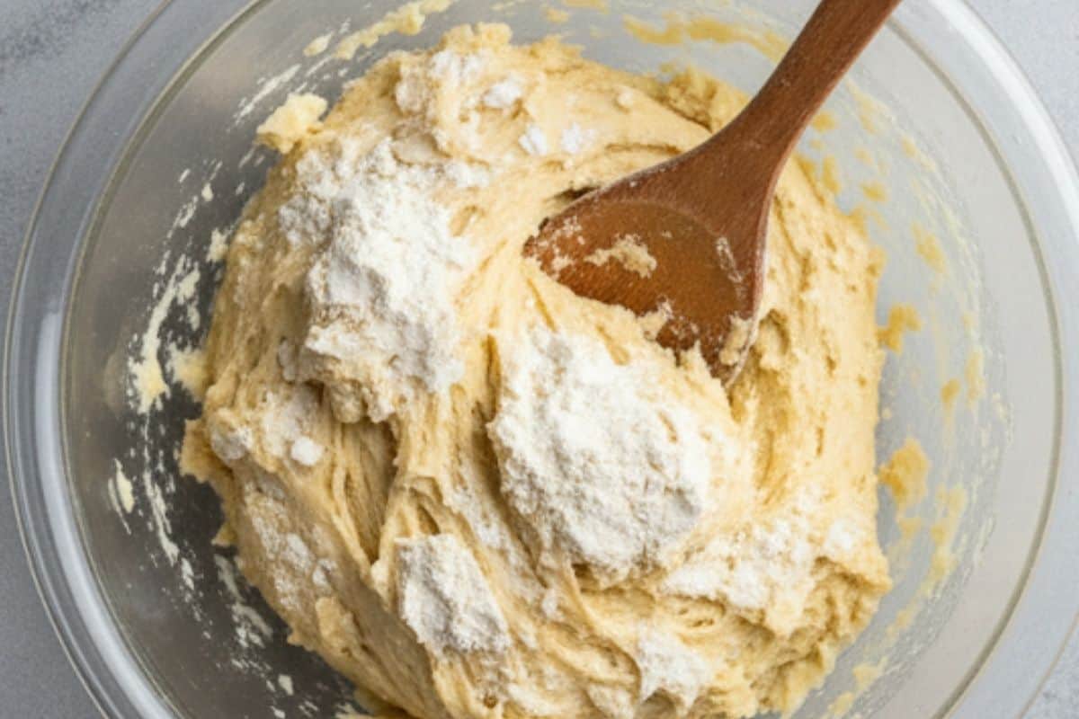 Mix in the remaining cup of flour until a stiff cookie dough forms.