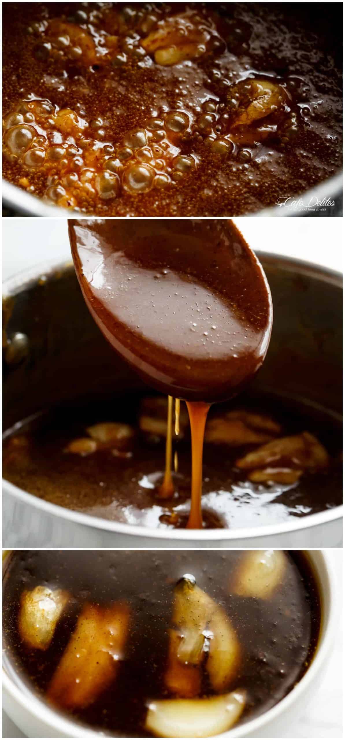 Three images: The first image shows a dark syrup bubbling in a pot, the second shows a thick, dark syrup dripping from a spoon back into the pot. The third shows whole garlic cloves floating in the dark syrup. 