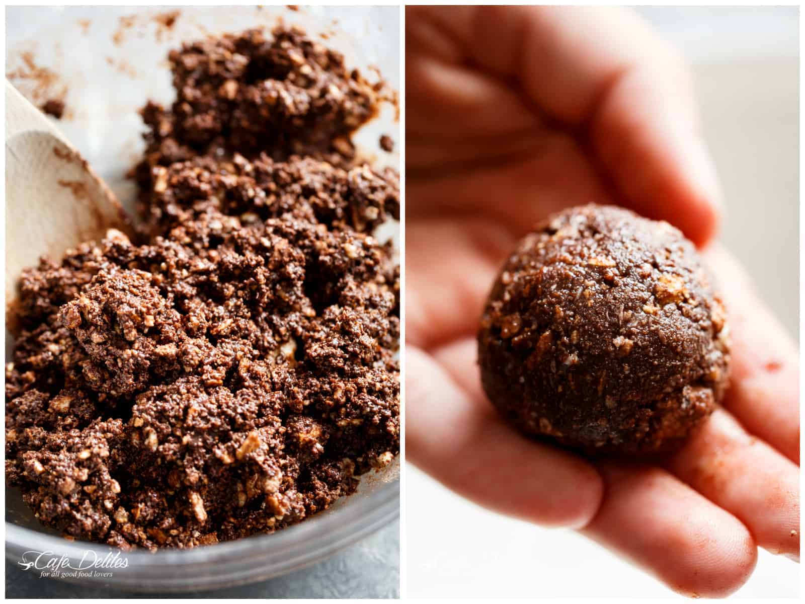 HOW TO MIX AND ROLL Chocolate Coconut Balls | cafedelites.com