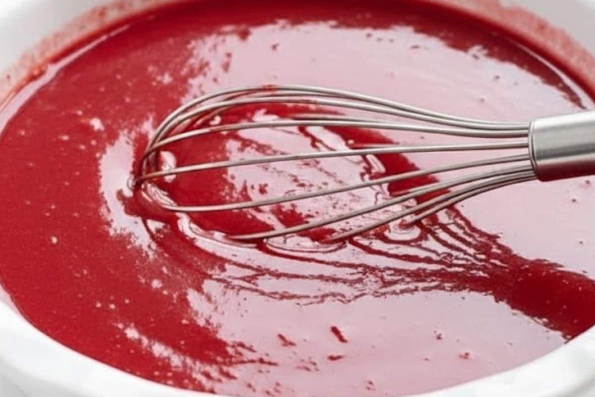In a bowl, whisk the eggs, buttermilk, sugar, vanilla, cocoa and food coloring until the mixture is smooth