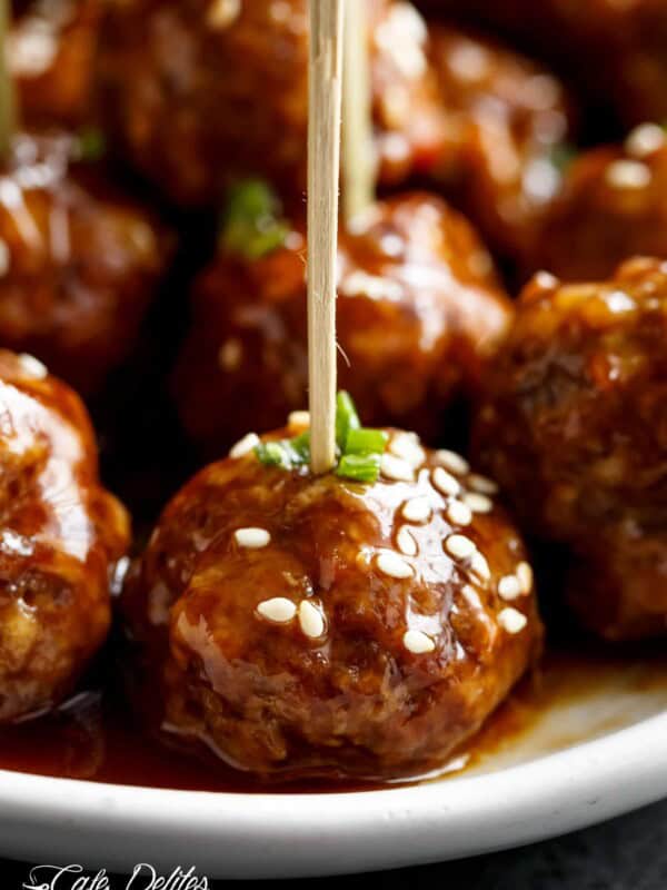 zoom in image of Teriyaki Beef Meatballs picked with toothpick