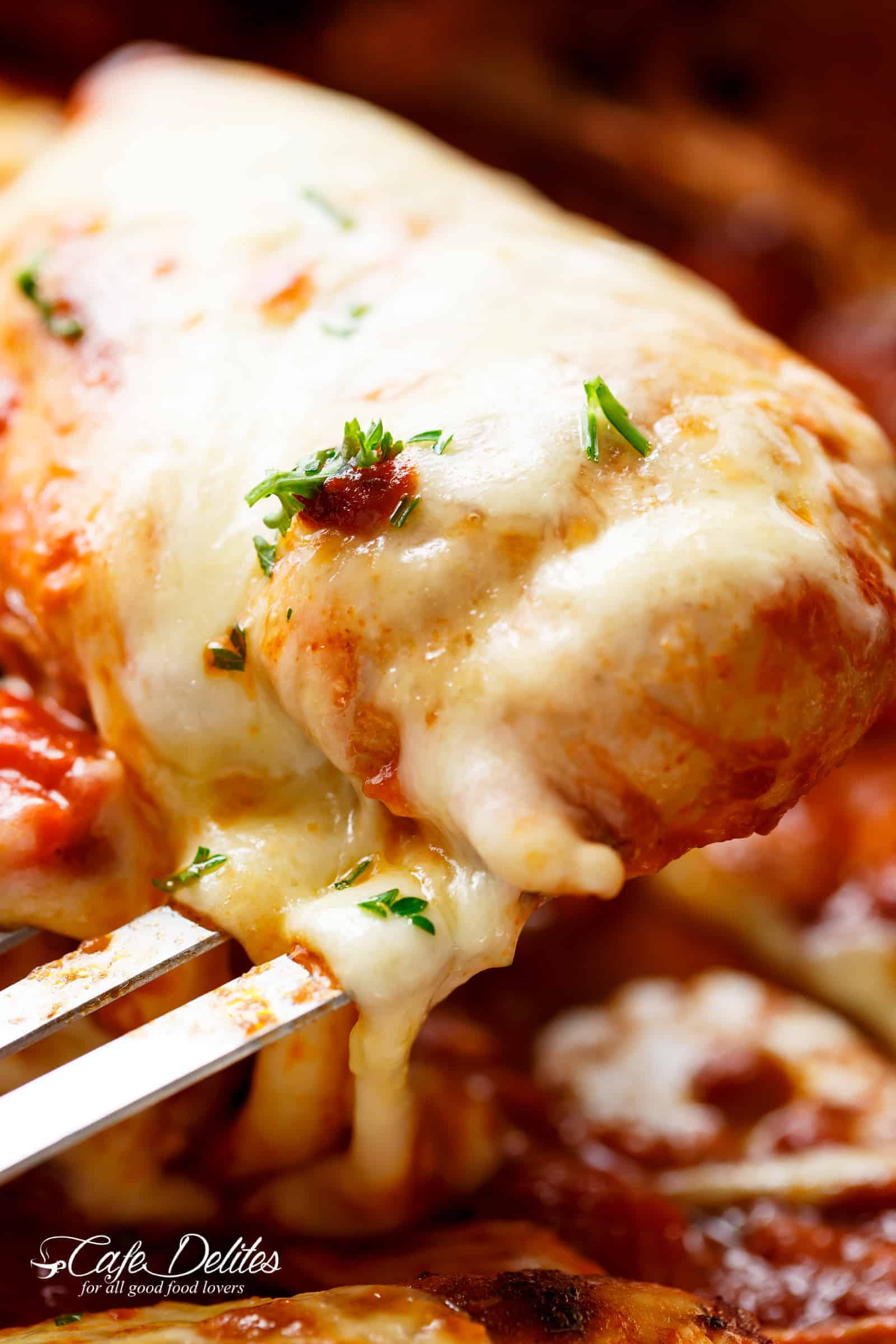 Easy Mozzarella Chicken on a fork