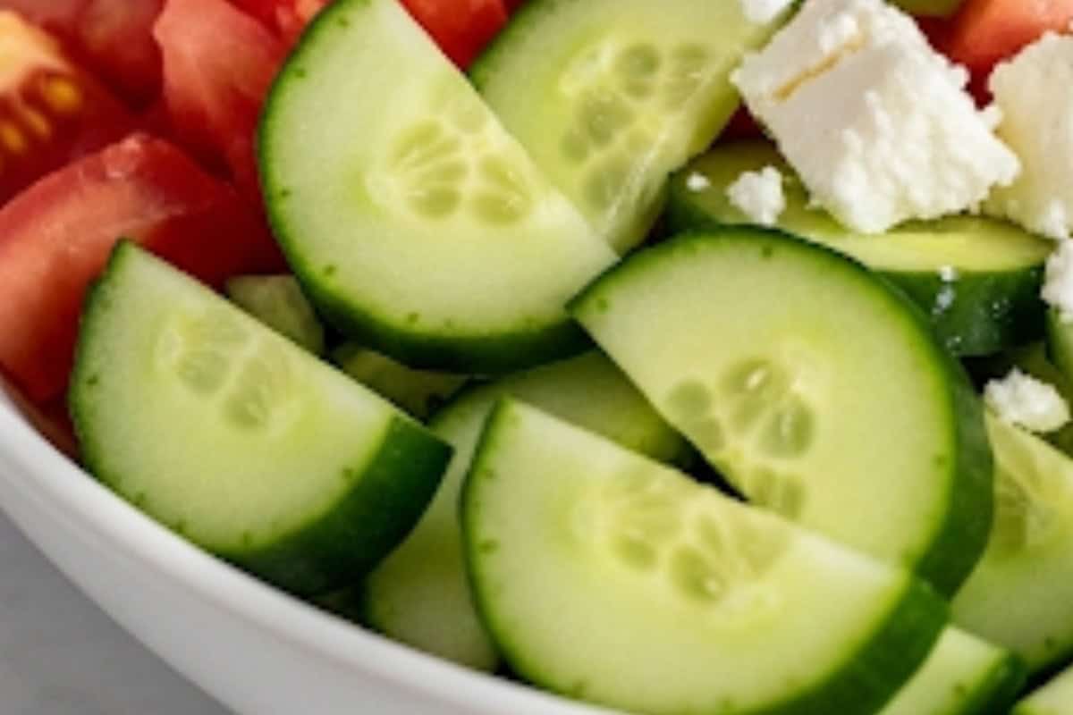 Slice cucumber, tomatoes, green pepper and red onion