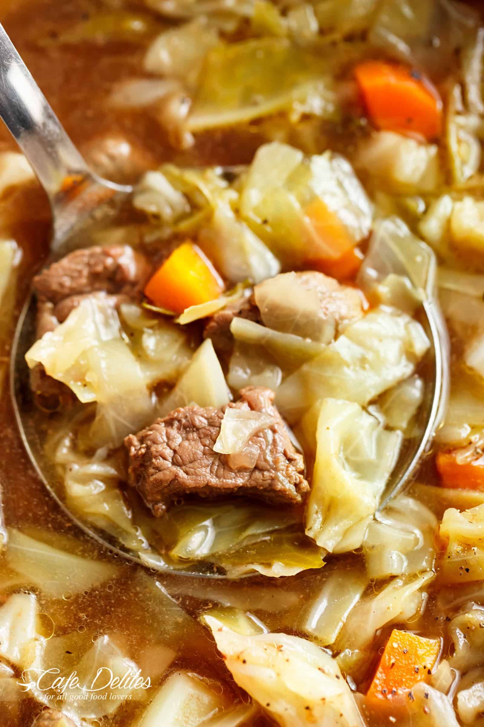 Beef Cabbage Soup is quick to make, healthy, low in carbs and full of delicious flavour! Made with minimal ingredients, full of cabbage, carrots, onions, garlic and tender, fall apart beef! | cafedelites.com