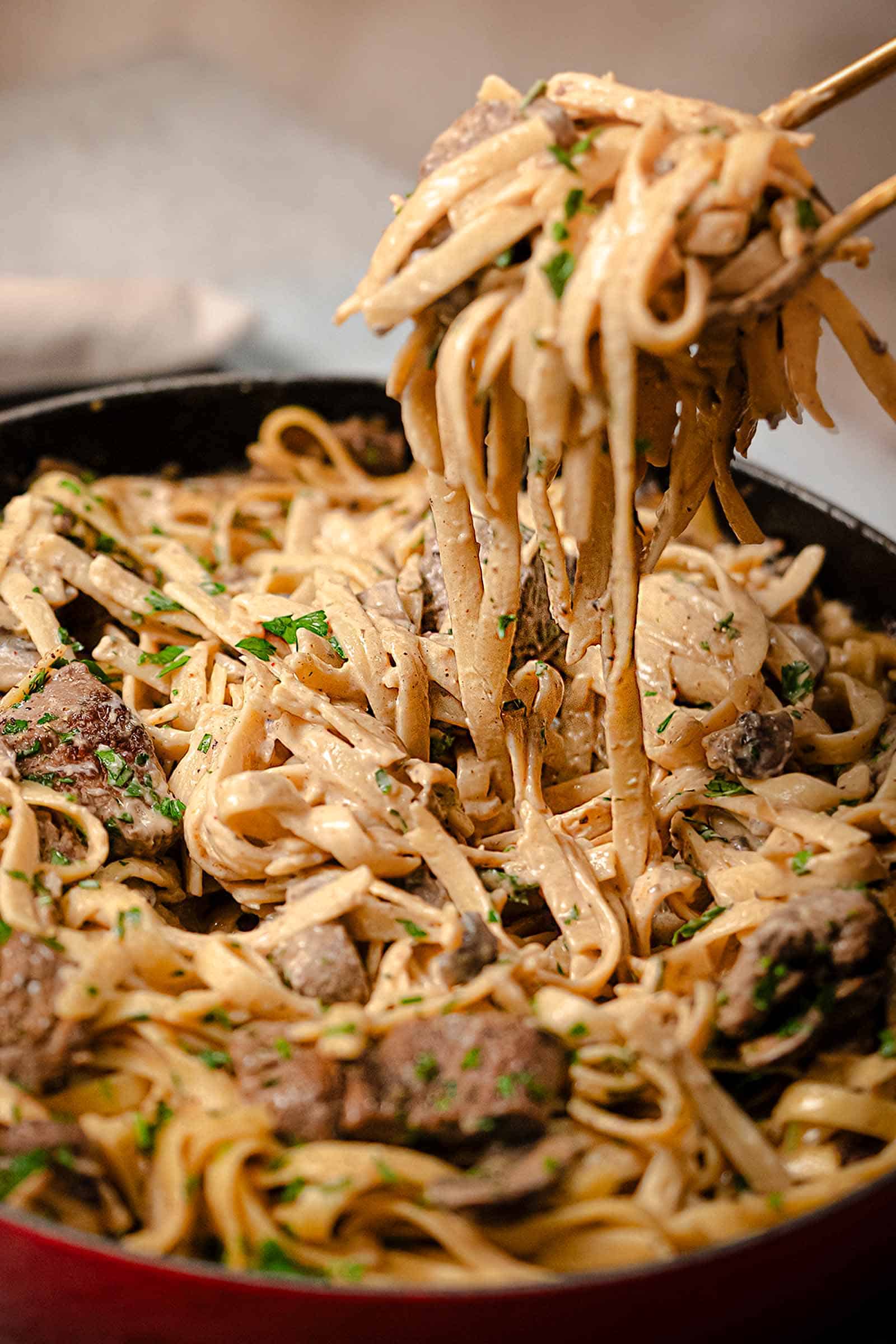 Creamy Beef and Mushroom Stroganoff served over pasta OR noodles in a bowl
