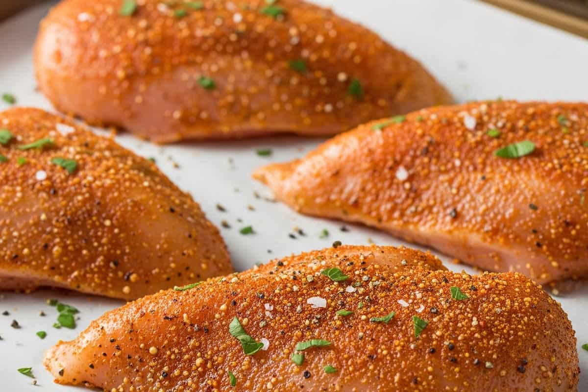 Chicken breasts coated with Italian seasoning, paprika, onion powder, salt, and pepper.
