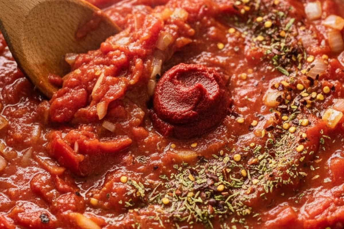 Added the pepper, tomatoes or passata, tomato paste, pepper flakes, and Italian seasoning to the skillet.