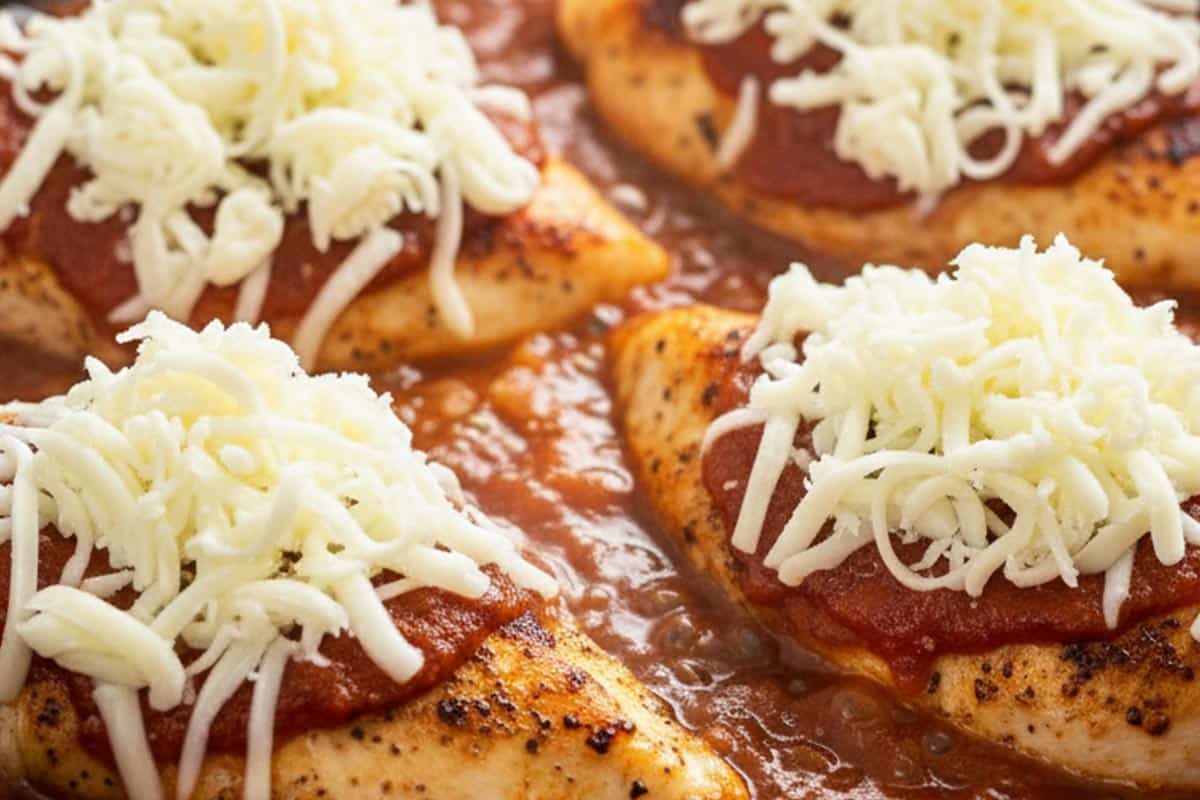 Chicken with a spoon of sauce and mozzarella on top.