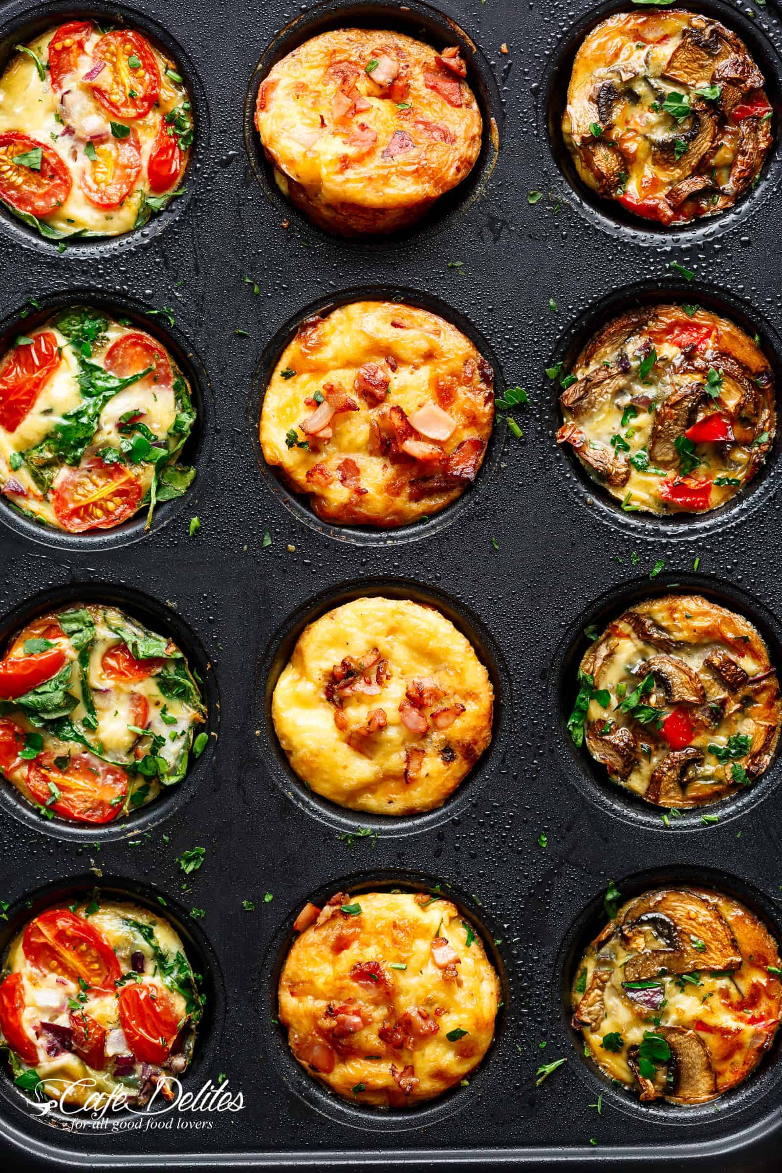 Breakfast Egg Muffins 3 Ways are low carb, filling and quick to grab while running out of the door! | cafedelites.com