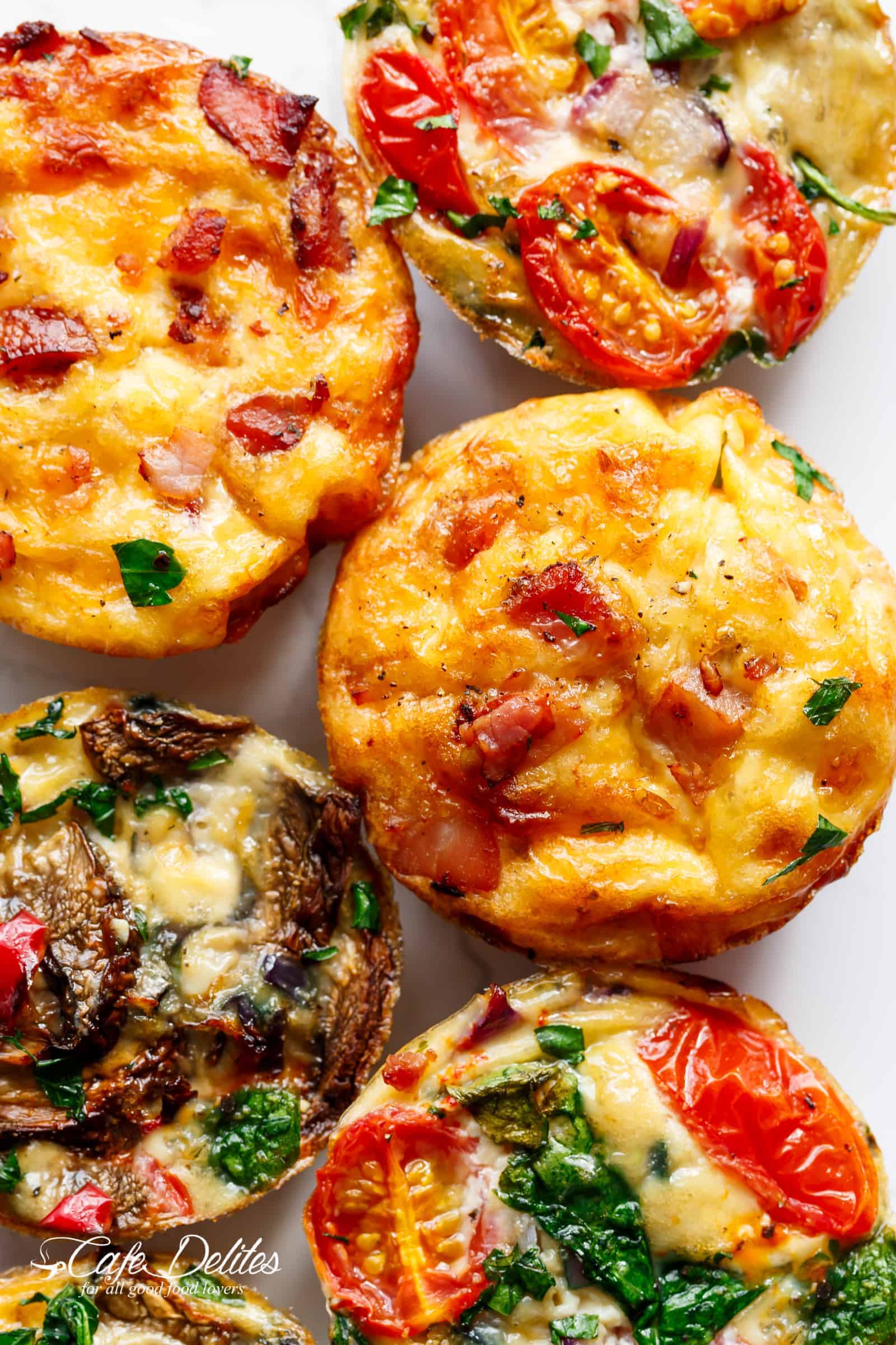 Breakfast Egg Muffins 3 Ways can be cooked ahead of time (meal prep) and refrigerated for when you need them! | cafedelites.com