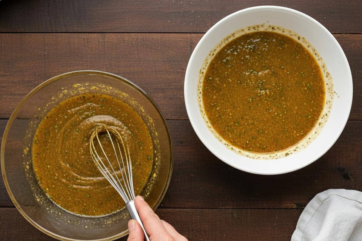 Marinade ingredients mixed in a bowl and divided in two bowls.
