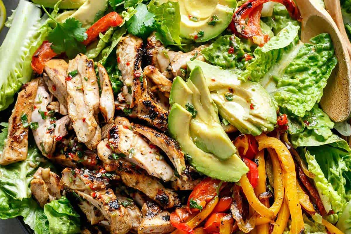 Close-up shot of Grilled Chicken Fajita Salad.