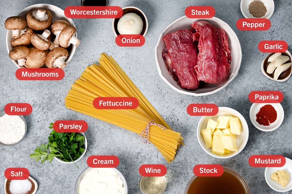 Image of the ingredients required for the preparation of this recipe, specifically: flour, butter, salt, paprika, parsley, worcestershire, steak, fettuccine, mushrooms, stock, onion, cream, wine, mustard, and garlic.