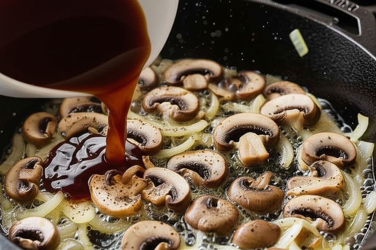 Beef broth poured in the skillet with onions, mushrooms, ketchup, and Worcestershire sauce.