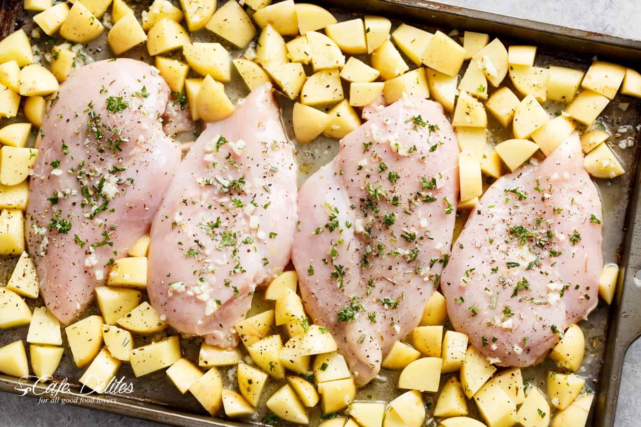 Sheet Pan Garlic Herb Butter Chicken And Potatoes Cafe Delites 