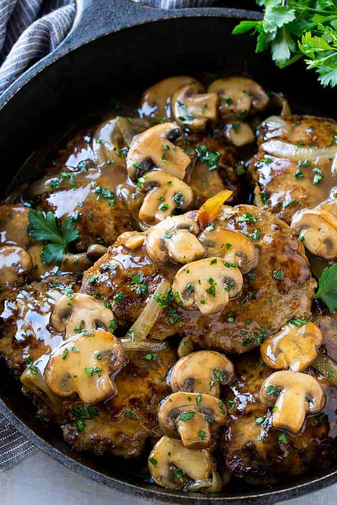 Salisbury steak in mushroom gravy is a quick dinner option that's ready in 30 minutes.