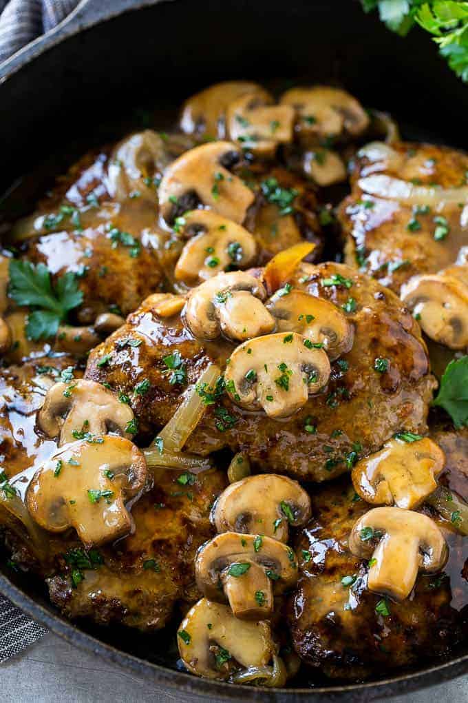 Salisbury steak is a classic dish covered in a savory gravy.