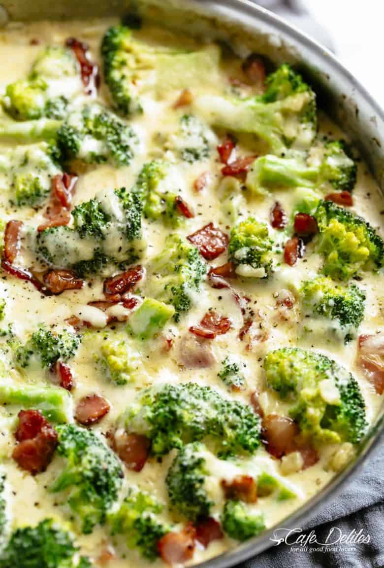 Creamy Garlic Parmesan Broccoli & Bacon | cafedelites.com