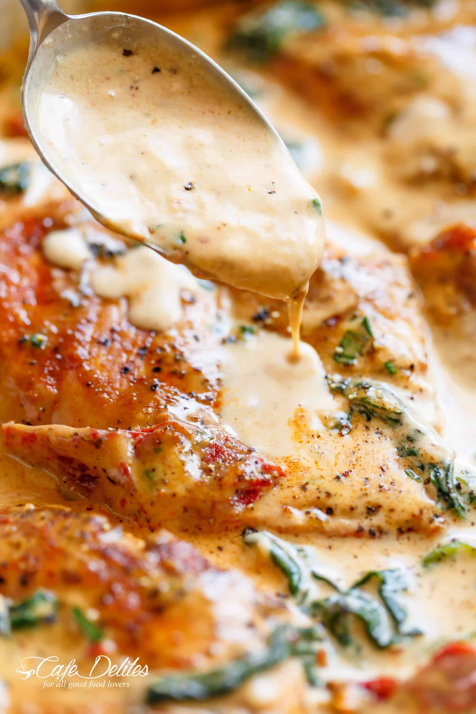 Tuscan Chicken with sun dried tomatoes, parmesan cheese and spinach creamy sauce 