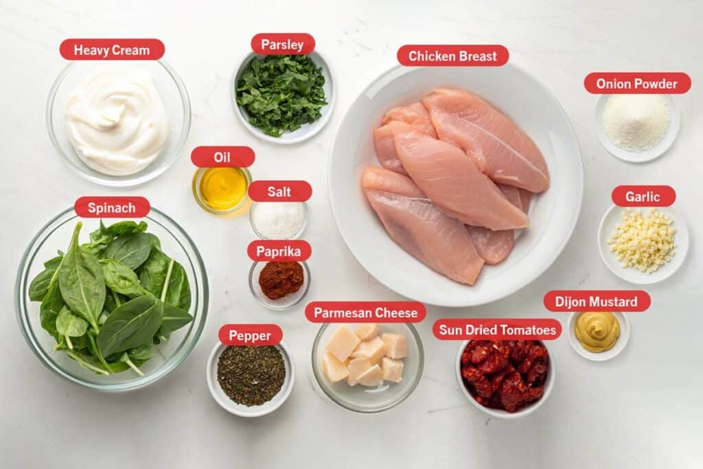 Flatlay image of ingredients for creamy Tuscan chicken arranged in separate bowls on a white surface. Ingredients include raw chicken breast, heavy cream, spinach, chopped parsley, oil, salt, paprika, black pepper, Parmesan cheese chunks, sun-dried tomatoes, Dijon mustard, minced garlic, and onion powder.