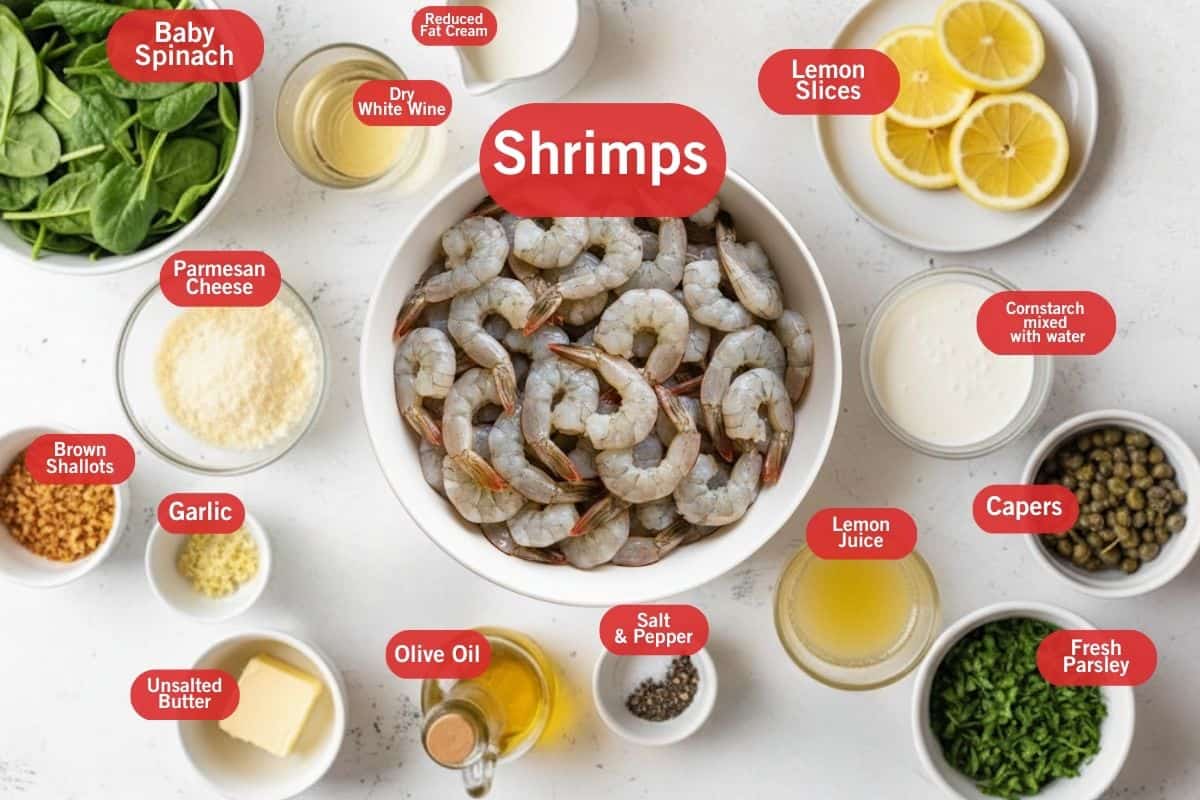 Flat lay photo of ingredient shot of baby spinach, reduced fat cream, dry white wine, lemon slices, shrimps, parmesan, brown shallots, garlic, unsalted butter, olive oil, salt and pepper. lemon juice, capers, cornstarch mixed with water, fresh parsley
