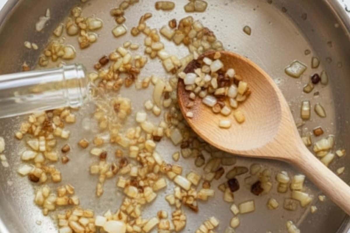 Pour in the white wine and let it reduce by half.